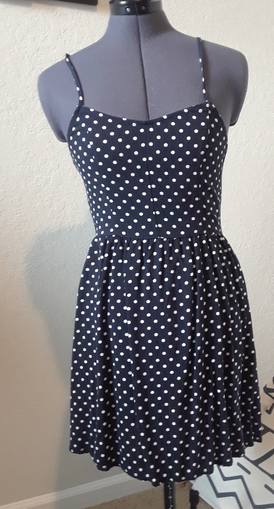 Navy Blue & White Spaghetti Strap Polka Dot‎ Dress